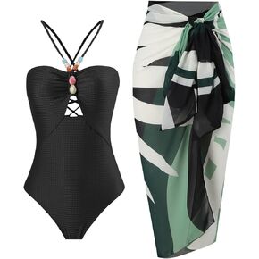 Women's One Piece Swimsuits with Beach Cover up Wrap Skirt 2 Pieces Vintage Abstract Print Bathing Suits for Women Bikini Set