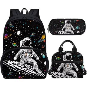 Astronaut Bookbag for Boys Preschool Elementary Kindergarten Backpack for Kids Lightweight 3Pcs School Bag Set with Lunch Bag and Pencil Box