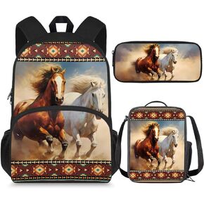 School Backpack for Boys Girls 15.7 inch Kids American Flag Horse Backpack for Kindergarten Elementary School Bookbag Teen Kids Toddler Book Bag Set with Lunch Box Pencil Case