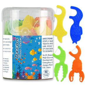 Kids Flossers, Kids Dental Floss Picks Without Fluoride, Unflavored, 4 Colors Ocean Animals Shaped Makes Flossing Fun, 50 Count