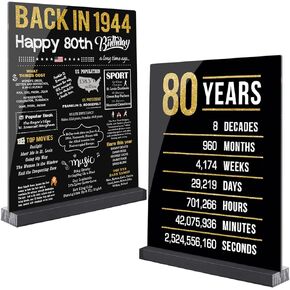 80th Birthday Decorations for Men Women, Black Gold Back in 1944 Birthday Party Decoration, Two-Sided Birthday Poster Acrylic Table Sign with Stand, 80 Years Old Anniversary Birthday Decoration Gifts 1944 Vintage Party Supply(8"x10")