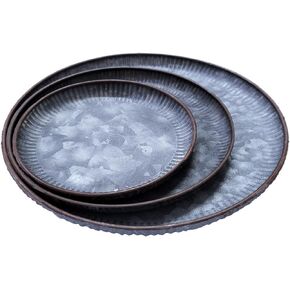 3pcs Round Galvanized Vintage Metal Iron with Rust Color Trim Home Decoration Unique Fruit Butler Trays for Kitchen Dining Table Accessories Wedding Party.