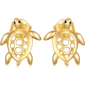 14k Gold Sea Turtle Earrings for Women, Solid 14 Carat Gold Studs Cute Animal Jewelry Gifts for Her