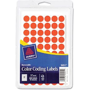 Avery 05051 Handwrite Only Removable Round Color-Coding Labels, 1/2-Inch dia, Neon Red, 840/Pack