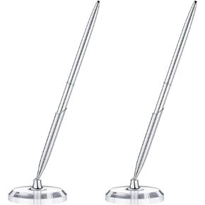Chinco 2 Sets Silver Guest Book Pens Including 2 Metal Guest Sign in Pens, Black Ink and 2 Round Base Stands for Wedding Engagement Party Business Eventguest