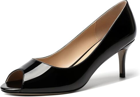 Womens Peep Toe Dating Dress Patent Slip On Open Toe Stiletto Mid Heel Pumps Shoes 2.5 Inch in Saudi Arabia