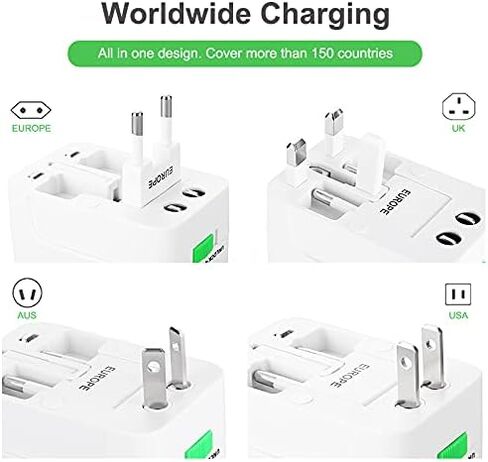 محول السفر العالمي، محول الطاقة الدولي مع منفذي USB، محول التوصيل محول السفر محول الطاقة شاحن عالمي في جميع أنحاء العالم - للولايات المتحدة الأمريكية والاتحاد الأوروبي والمملكة المتحدة وأستراليا in Saudi Arabia