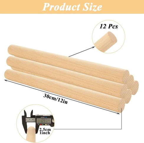 12 Pcs Wooden Dowel Rods, 1" x 12" Hardwood Sticks, Unfinished Round Wooden Dowels for Crafts, DIY, Cake Support in Saudi Arabia