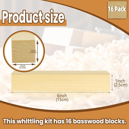 16 Pack Basswood Carving Blocks, 6 X 1 X 1 Inches Soft Solid Wooden Blocks, Unfinished Wood Whittling Blocks for Carving and Whittling, Beginner, Expert in Kuwait