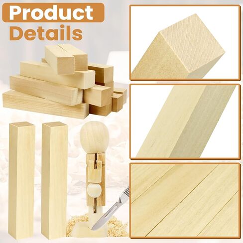 16 Pack Basswood Carving Blocks, 6 X 1 X 1 Inches Soft Solid Wooden Blocks, Unfinished Wood Whittling Blocks for Carving and Whittling, Beginner, Expert in Kuwait