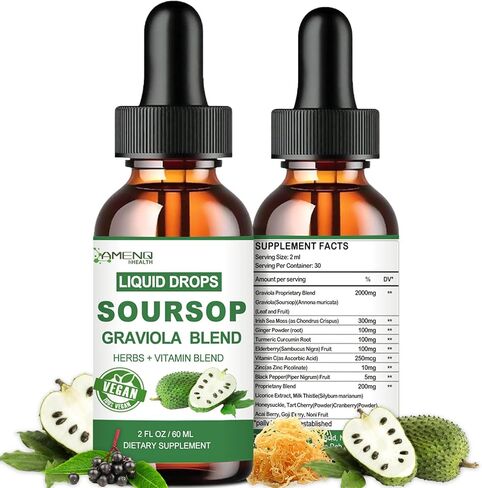 Soursop Graviola Liquid Drops, Organic Soursop Leave Extract w/Sea Moss, Elderberry Vitamin C and Zinc, 16-in-1 Soursop Bitters Liquid for Cell Support, Antioxidant and Immune Support 2 Fl/Oz in Kuwait