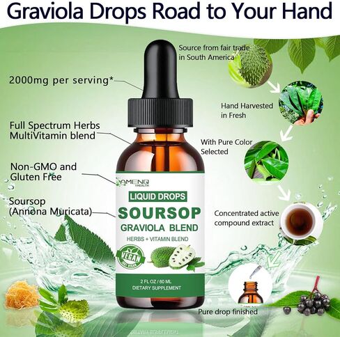 Soursop Graviola Liquid Drops, Organic Soursop Leave Extract w/Sea Moss, Elderberry Vitamin C and Zinc, 16-in-1 Soursop Bitters Liquid for Cell Support, Antioxidant and Immune Support 2 Fl/Oz in Kuwait