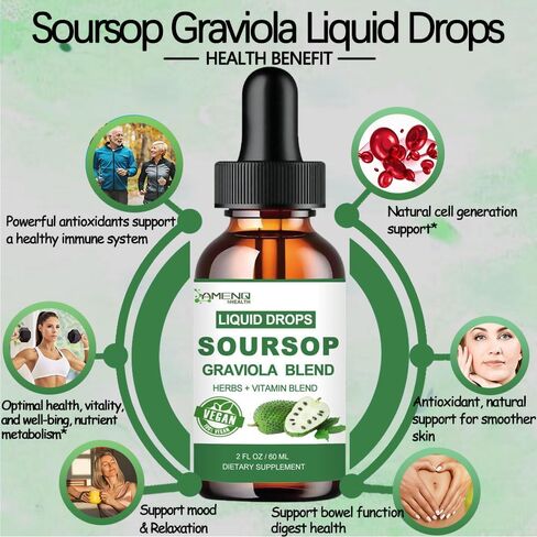 Soursop Graviola Liquid Drops, Organic Soursop Leave Extract w/Sea Moss, Elderberry Vitamin C and Zinc, 16-in-1 Soursop Bitters Liquid for Cell Support, Antioxidant and Immune Support 2 Fl/Oz in Kuwait