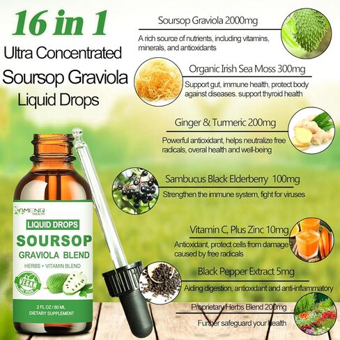 Soursop Graviola Liquid Drops, Organic Soursop Leave Extract w/Sea Moss, Elderberry Vitamin C and Zinc, 16-in-1 Soursop Bitters Liquid for Cell Support, Antioxidant and Immune Support 2 Fl/Oz in Kuwait