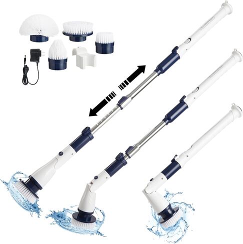 Casabella Power Spin Scrubber, Extendable to 47.5" – Rechargeable Spin Brush for Shower, Kitchen, Bathroom, Tile, Tub, Car, Deck - Cordless Electric Cleaner with Adjustable Brush Head & 4 Attachments in Saudi Arabia