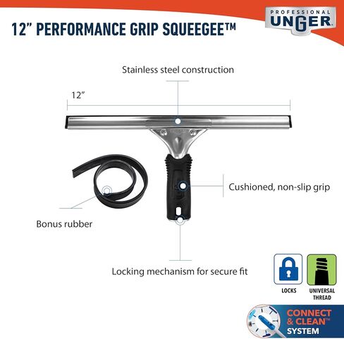 Unger Professional 12" Performance Window & Glass Cleaning Squeegee with Replacement Rubber - Cleaning Supplies, Heavy Duty Squeege for Window Cleaning, Streak-Free Results in Saudi Arabia