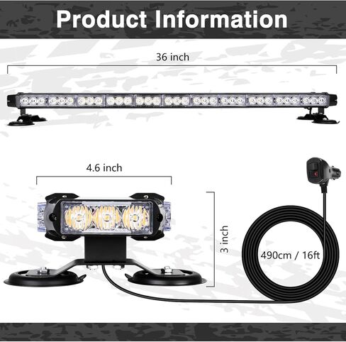 شريط إضاءة LED للطوارئ 36 بوصة 72، أضواء منارة تحذيرية للشاحنات، أضواء وامضة للسلامة تحذير كهرمان مع سلك مغناطيسي و16 قدم مستقيم لسطح رافعة شوكية السيارة in Kuwait