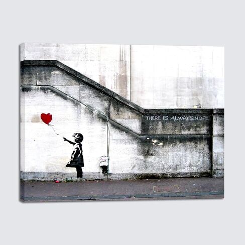 Wieco Art Banksy Grafitti Girl مع بالون أحمر قماش يطبع جدار الفن رمادي الحب صور لوحات لغرفة المعيشة غرفة نوم ديكورات المنزل الحديثة امتدت ومؤطرة عمل فني جيكلي ملهم in Kuwait