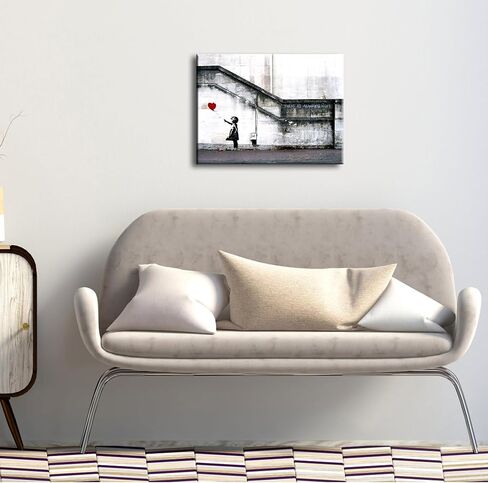 Wieco Art Banksy Grafitti Girl مع بالون أحمر قماش يطبع جدار الفن رمادي الحب صور لوحات لغرفة المعيشة غرفة نوم ديكورات المنزل الحديثة امتدت ومؤطرة عمل فني جيكلي ملهم in Kuwait