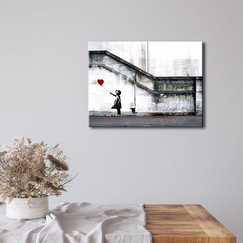 Wieco Art Banksy Grafitti Girl مع بالون أحمر قماش يطبع جدار الفن رمادي الحب صور لوحات لغرفة المعيشة غرفة نوم ديكورات المنزل الحديثة امتدت ومؤطرة عمل فني جيكلي ملهم in Kuwait