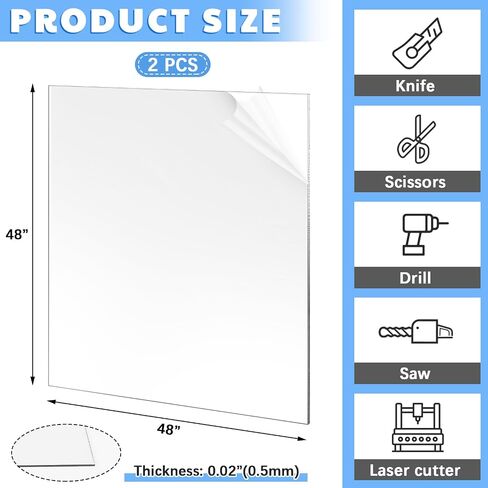 قطعتان من ألواح البلاستيك الشفاف PETG مقاس 48 × 48 بوصة 20 مل (سمك 0.02 بوصة/ 0.5 مم) لوح بلاستيكي أكريليك بليكسي سهل القطع سميك وشفاف من البلاستيك PETG لوح زجاجي لمشاريع العرض اليدوية in Saudi Arabia
