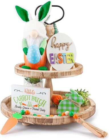 ديكور صينية عيد الفصح من AKEROCK، مجموعة زينة طاولة عيد الفصح مع جنوم قطيفة و3 علامات خشبية لبيت المزرعة وإكليل من الخرز الخشبي لديكور المنزل (صينية غير متضمنة) in Kuwait