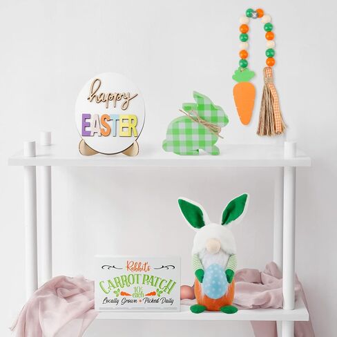 ديكور صينية عيد الفصح من AKEROCK، مجموعة زينة طاولة عيد الفصح مع جنوم قطيفة و3 علامات خشبية لبيت المزرعة وإكليل من الخرز الخشبي لديكور المنزل (صينية غير متضمنة) in Kuwait