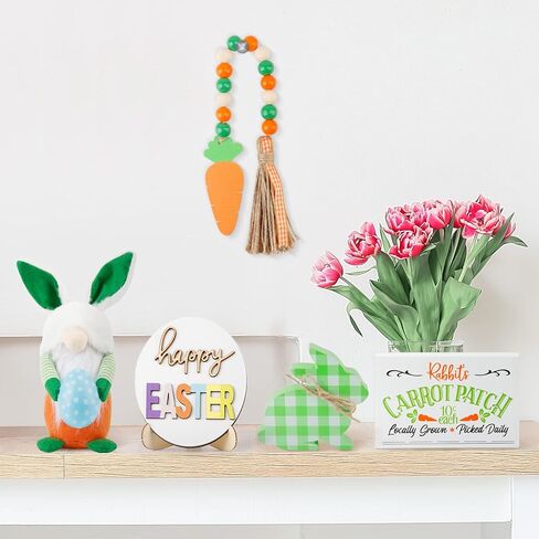 ديكور صينية عيد الفصح من AKEROCK، مجموعة زينة طاولة عيد الفصح مع جنوم قطيفة و3 علامات خشبية لبيت المزرعة وإكليل من الخرز الخشبي لديكور المنزل (صينية غير متضمنة) in Kuwait