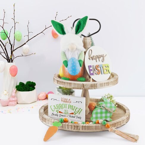 ديكور صينية عيد الفصح من AKEROCK، مجموعة زينة طاولة عيد الفصح مع جنوم قطيفة و3 علامات خشبية لبيت المزرعة وإكليل من الخرز الخشبي لديكور المنزل (صينية غير متضمنة) in Kuwait