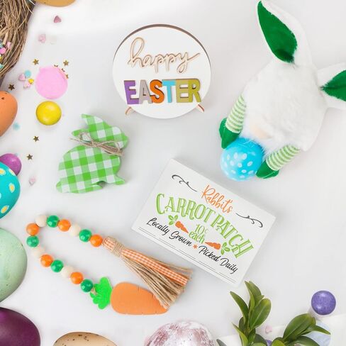 ديكور صينية عيد الفصح من AKEROCK، مجموعة زينة طاولة عيد الفصح مع جنوم قطيفة و3 علامات خشبية لبيت المزرعة وإكليل من الخرز الخشبي لديكور المنزل (صينية غير متضمنة) in Kuwait