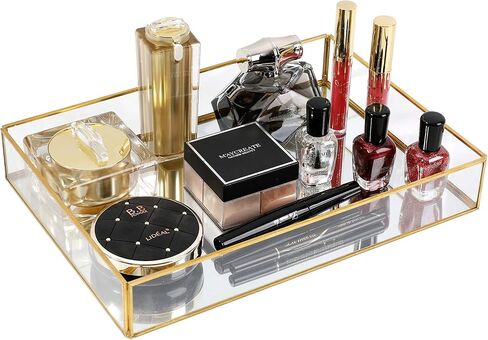 YCOCO Mirrored Counter Trays Makeup Jewelry Organizer Decorative Polygon Tray for Dresser,Bathroom,Bedroom,Cosmetics Vanity Tray,Gold in Saudi Arabia
