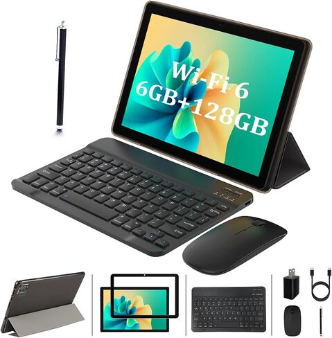 Tablet with Keyboard, 2 in 1 Tablet 10 inch, 6GB RAM 128GB ROM 1T Expansion Tablet Android, 2.4Ghz/5Ghz/wifi 6 Tablet PC, IPS Screen, Dual Camera, 6000mAh Battery, with Case, Stylus, Black in Saudi Arabia