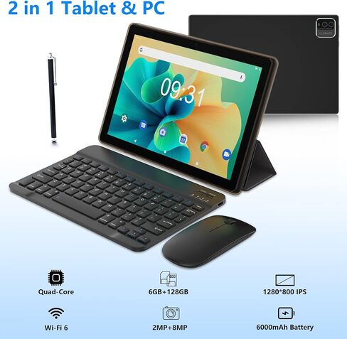 Tablet with Keyboard, 2 in 1 Tablet 10 inch, 6GB RAM 128GB ROM 1T Expansion Tablet Android, 2.4Ghz/5Ghz/wifi 6 Tablet PC, IPS Screen, Dual Camera, 6000mAh Battery, with Case, Stylus, Black in Saudi Arabia
