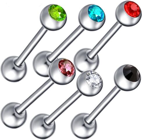 6pc Set Surgical Steel Coated CZ Crystal Ball Barbell Bar Tongue Ring Stud Nipple Body Piercing Jewelry in Saudi Arabia