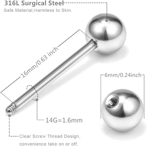 6pc Set Surgical Steel Coated CZ Crystal Ball Barbell Bar Tongue Ring Stud Nipple Body Piercing Jewelry in Saudi Arabia