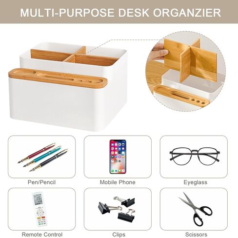 Yuehuam منظم مكتب حامل قلم رصاص مع مقصورات صندوق تخزين الطاولة مع مقسم علبة سطح المكتب مع فواصل خشبية قابلة للتعديل للمكتب المنزلي in Kuwait