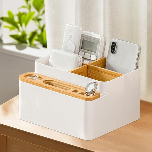 Yuehuam منظم مكتب حامل قلم رصاص مع مقصورات صندوق تخزين الطاولة مع مقسم علبة سطح المكتب مع فواصل خشبية قابلة للتعديل للمكتب المنزلي in Kuwait