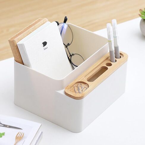 Yuehuam منظم مكتب حامل قلم رصاص مع مقصورات صندوق تخزين الطاولة مع مقسم علبة سطح المكتب مع فواصل خشبية قابلة للتعديل للمكتب المنزلي in Kuwait