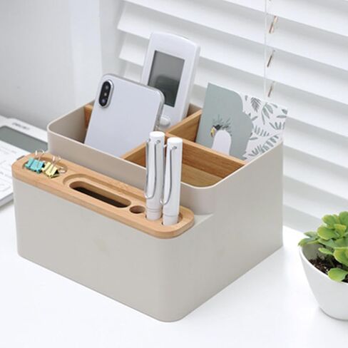 Yuehuam منظم مكتب حامل قلم رصاص مع مقصورات صندوق تخزين الطاولة مع مقسم علبة سطح المكتب مع فواصل خشبية قابلة للتعديل للمكتب المنزلي in Kuwait