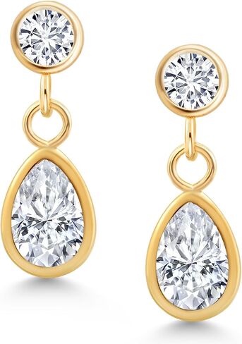 أقراط متدلية من الذهب الأصفر عيار 14 قيراط من Gem Stone King والمويسانتي الأبيض والألماس الأبيض للنساء (1.00 قيراط، حجر ميلاد الأحجار الكريمة، شكل كمثرى 6 × 4 مم، دائري 3 مم) in Saudi Arabia