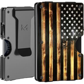 Minimalist Aluminum Wallet for Men, Slim RFID Blocking Money Clip, Wood Grain American Flag, Front Pocket Metal Card Holder for Business Travel, Personalized USA Gift for Soldiers Veteran, Matte Gray