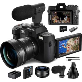 Digital Camera for Photography and Video, 4K 48MP Vlogging Camera for YouTube with 180° Flip Screen,16X Digital Zoom,52mm Wide Angle & Macro Lens, 32GB TF Card, 2 Batteries
