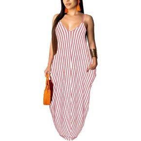 فستان LightlyKiss نسائي صيفي كاجوال مثير مخطط فضفاض ماكسي 2024 بدون أكمام مقاس كبير فستان الشمس مع جيوب in Kuwait