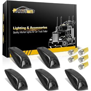 Partsam 5pcs Smoke Cab Maker 264159BK Roof Running Light Cover Base + 5X Amber T10 194 168 5050 LED Light Bulbs Compatible with C1500 C2500 C3500 K1500 K2500 K3500 1988-2002 Pickup Trucks