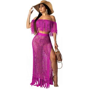 Women Crochet Cover Up 2 Piece Skirt Set Tassle Beach Outfits Summer Swimsuit Swimwear Coverups Bathing Suit