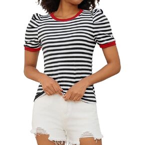 MISSACTIVER Women Striped Color Block T-Shirts Crew Neck Short Puff Sleeve Slim Fit Pullover Shirt Casual Summer Tee Tops