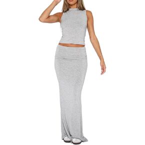 Two Piece Skirt Set for Women Summer Going Out Outfits Sleeveless Crop Tank Tops and Sexy Bodycon Maxi Skirts Set in Saudi Arabia