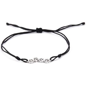 Paw Print Layered Bracelet For Girls Women Stainless Steel Hollow Out Cat Paw Print Strings Bracelet Cute Charm Adjustable Double Rope Bracelet Jewelry Cat Lover Gifts