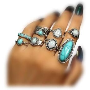 ATTORNEY Bohemian Stacked Ring Stacked Knuckle Ring Joint Knuckle Rings Set Oval Turquoise Finger Ring Opal Gemstone Teardrop Midi Rings Gothic Ring for Teen Girl and Women (A)