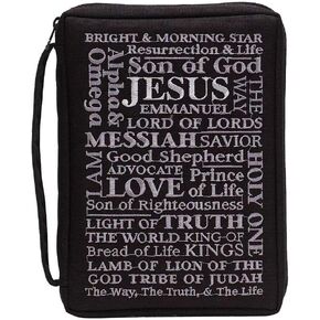 Black Names of Jesus Embroidered Polyester Bible Cover Case with Handle, Medium